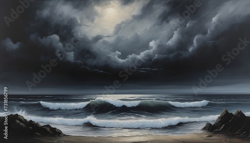 Mysterious Gothic Coastal Landscape with Dark Toned Sea and Brooding Clouds