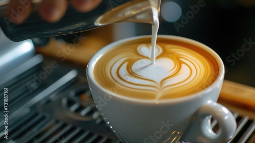 Close-up of professionally extracting coffee by barista with a pouring steamed milk into coffee cup making beautiful latte art. coffee, extraction, deep, cup, art, barista concept photo