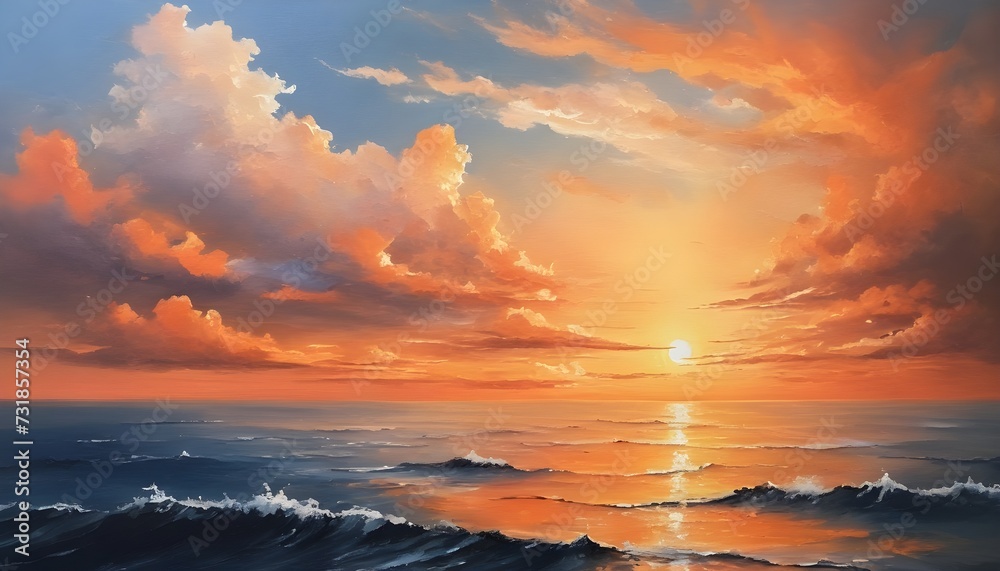 Majestic Sunrise over the Sea - Soothing Orange and White Clouds in Oil Painting