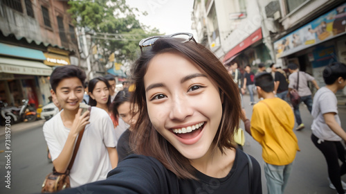 Selfie picture of a happy young girl smiling at the camera ,street view in city.