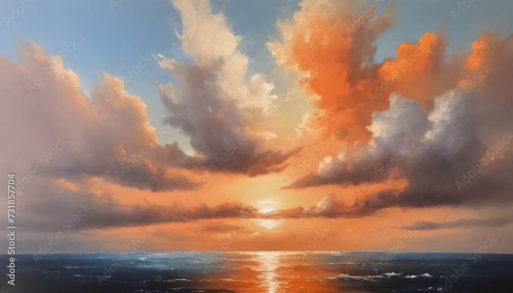 Oceanic Harmony: Soothing Orange and White Clouds Oil Painted Seascape