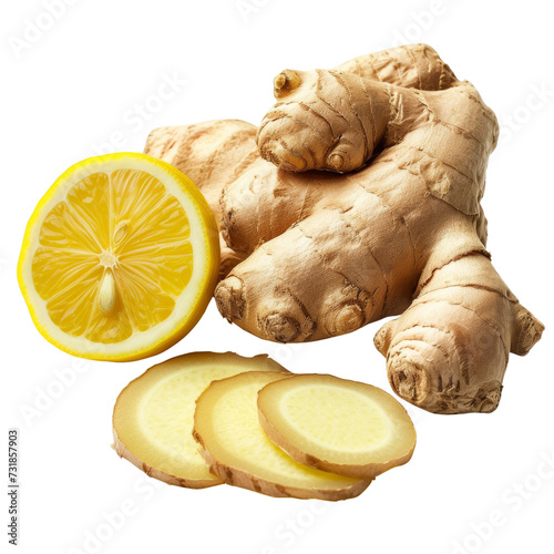 Ginger Root with Lemon Isolated on Transparent or White Background, PNG
