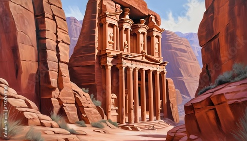 Ancient Ruins of Petra Carved into Rose-Colored Sandstone Cliffs