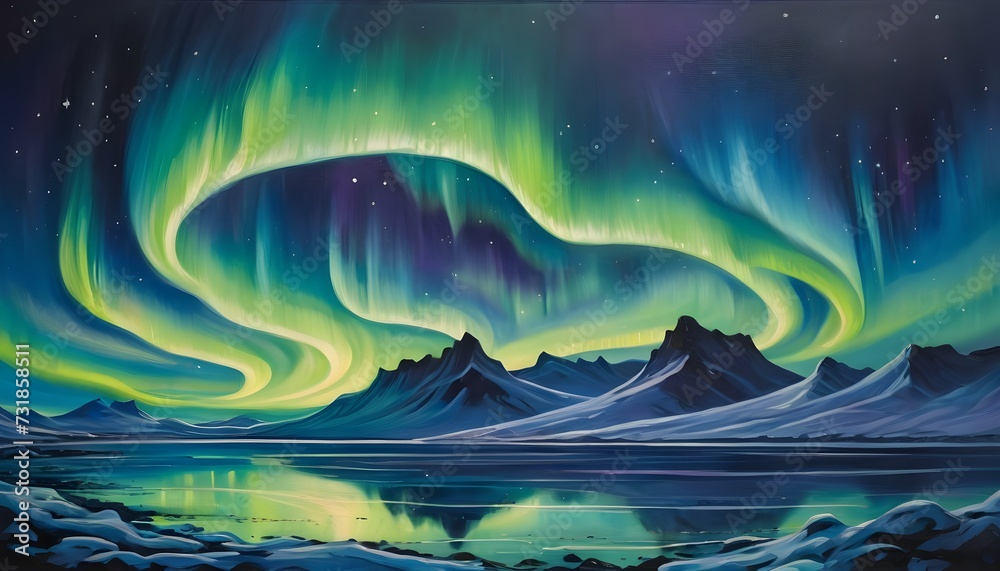 Oil Painting of the Northern Lights Dancing Across the Night Sky in Iceland