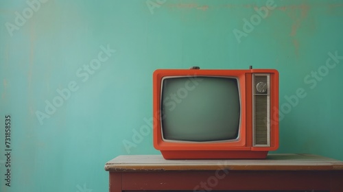 Retro old orange TV receiver on table front gradient aquamarine wall background. Vintage style filtered photo photo