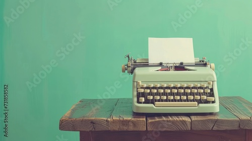 Retro old typewriter with paper on wooden table front mint green background photo
