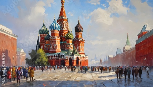 Beautiful oil painting of the historic Red Square in Moscow with the iconic St. Basil's Cathedral in the background