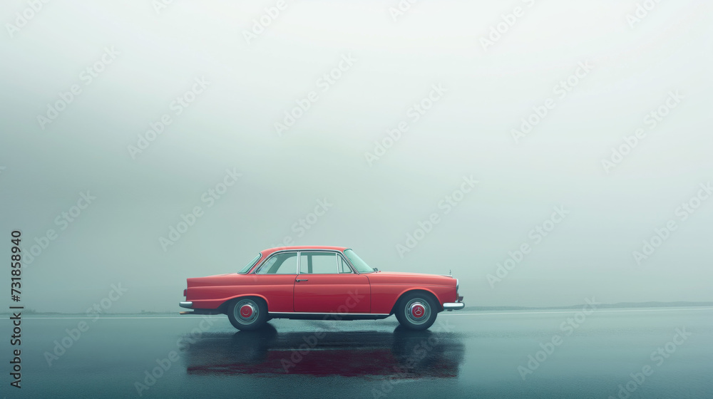 Classic red car in foggy atmosphere. Minimalistic and serene. Solitude and peace concept. Ideal for advertisement, banner, or digital content with copy space