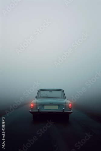 Car on foggy road. Eerie and mysterious. Low visibility and uncertainty concept. Ideal for advertisement, banner, or digital content with copy space © Angs