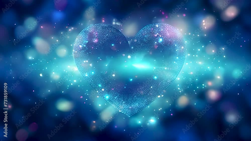 Blue bokeh heart sparkling on a dark background. Selective focus. Holiday.