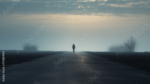 A man on the horizon walking in a foggy day