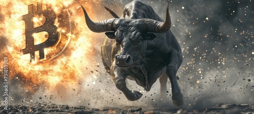 Digital art of a bull and a Bitcoin symbol in a cosmic explosion