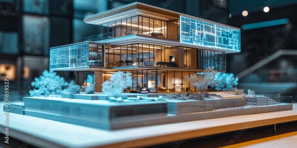 Architectural model of a building with holographic blueprints