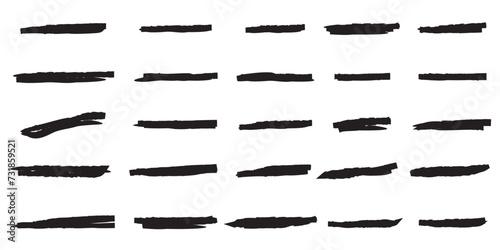 Black Marker Highlighter Lines Set. Pen, pencil or brush hand drawn underline strokes, curves for highlight. Cartoon kid written, eps10