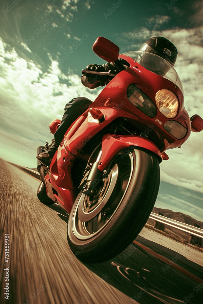 Fototapeta premium A man is riding a red motorcycle in an inland area that has good road quality.