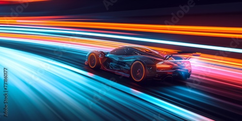 High speed futuristic race car with light trails on a track © ParinApril
