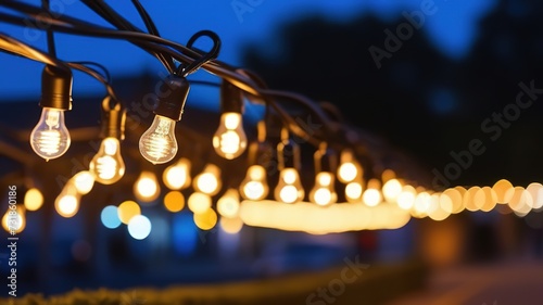 Street lights garland exterrior park illumination bokeh lamps electricity shining blue sky