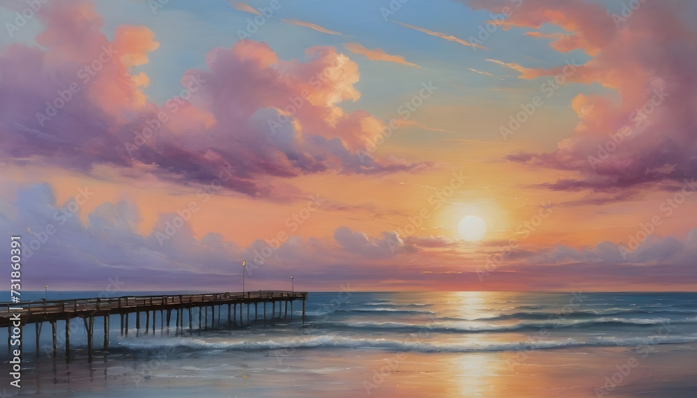 Romantic Sunset Pier - Soft Pastel Sea Painting with Gentle Clouds
