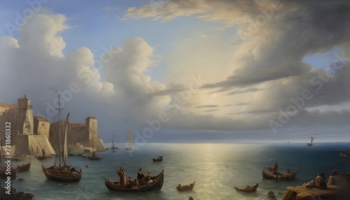 Renaissance Coastal Harbor - Classic Oil Sea Painting with Renaissance Clouds photo