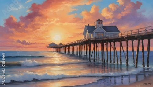 Romantic Sunset Pier - Soft Pastel Sea Painting with Gentle Clouds