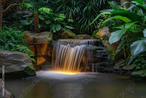 Illuminated water feature in a tranquil garden setting
