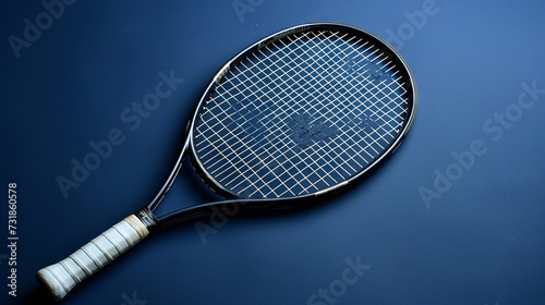 Tennis racket on blue background top view