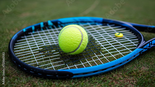 Tennis racket with ball on the grass