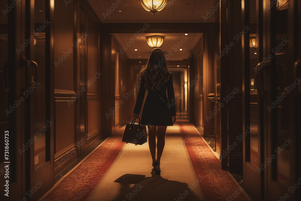 Woman with bag walking along the corridor of an hotel