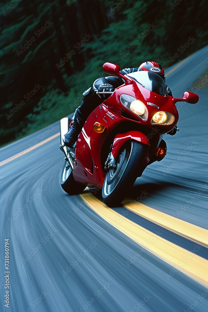 Naklejka premium A man is riding a red motorcycle in an inland area that has good road quality.