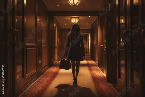 Woman with bag walking along the corridor of an hotel