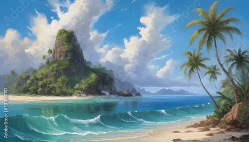 Tropical Island Paradise: Exotic Digital Sea Painting with Palm-fringed Clouds