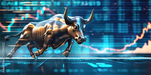 Charging bull against a backdrop of glowing financial charts © ParinApril