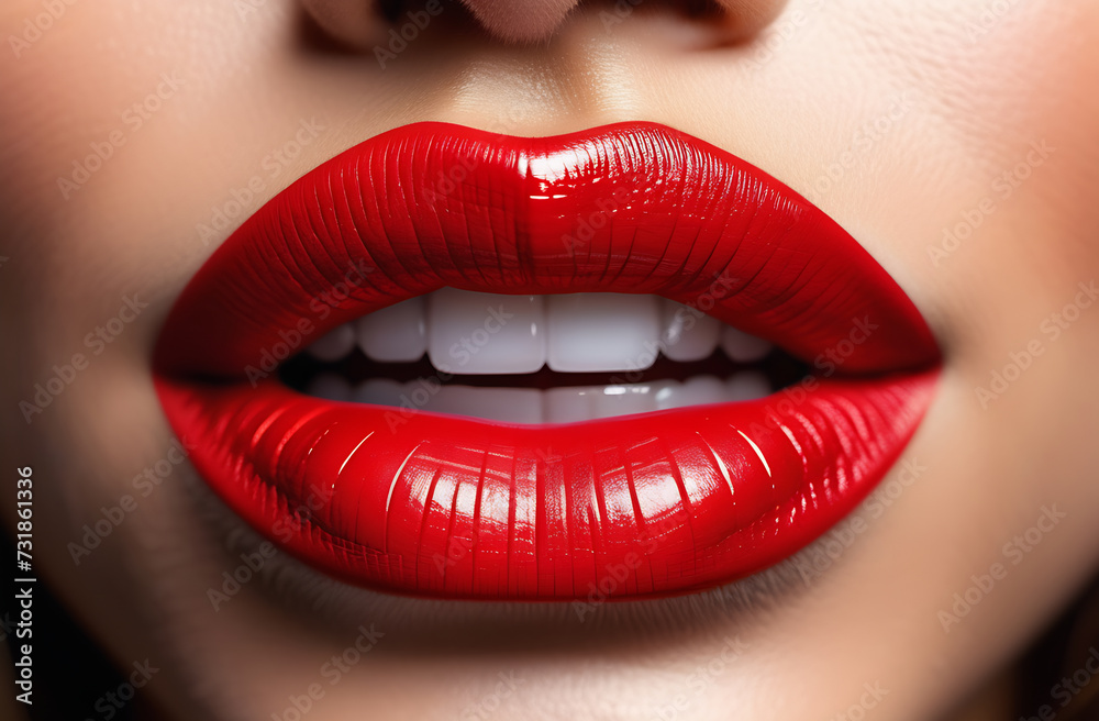 Bright red lipstick on female lips. Beautiful female lips. White teeth. Body part, Bright red lipstick on female lips. Beautiful female lips. White teeth. Body part,