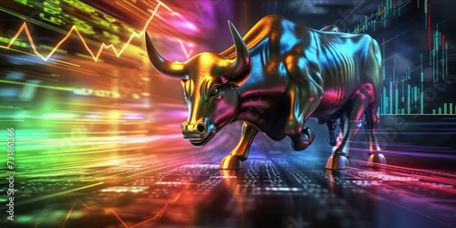 Charging bull against a backdrop of glowing financial charts