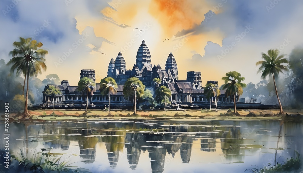 Watercolor Painting of Angkor Wat - its majestic spires rising above the surrounding jungle - dappled in sunlight