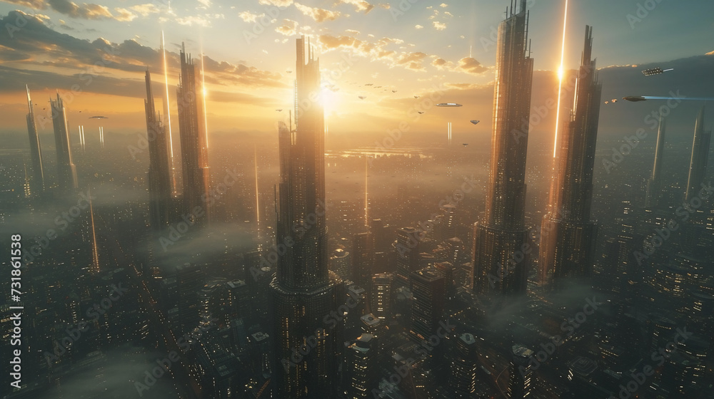 A breathtaking sunset view over a neon-lit futuristic cityscape with skyscrapers and flying vehicles.