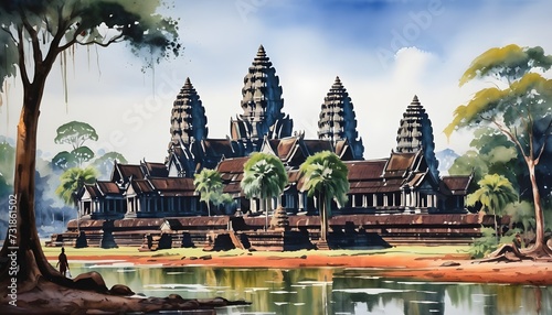 Watercolor Painting of Angkor Wat - its majestic spires rising above the surrounding jungle - dappled in sunlight