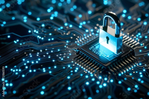 Cybersecurity padlock on a digital circuit board