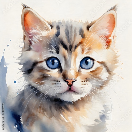 Watercolor Painting of Cute Cat Baby