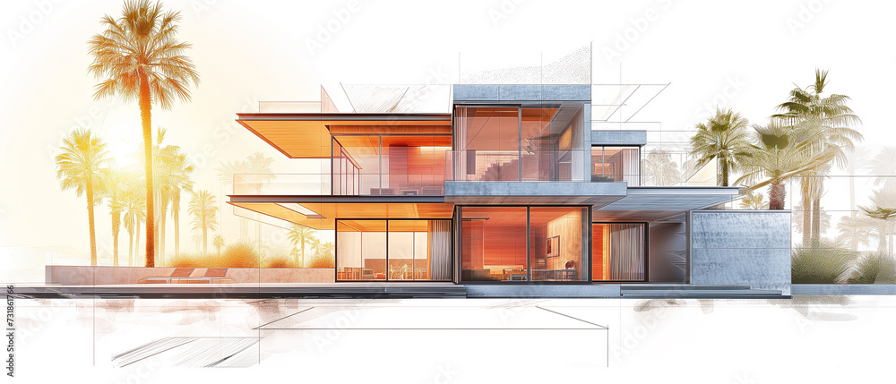 Modern new-built villa drawing. Illustration. Construction, real-estate concept Modern new-built villa drawing. Illustration. Construction, real-estate concept