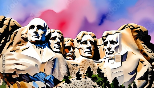 Watercolor Painting of Mount Rushmore - its presidential faces carved into the rugged cliffs - framed by the colors of a South Dakota sunset photo