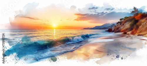 Picturesque landscape of seaside during sunset. illustration, travel and holidays concept photo