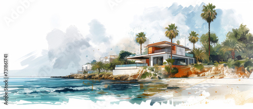 Coastal modern new-built villa drawing. Illustration. Construction, real-estate concept