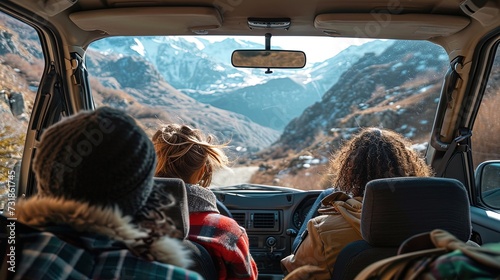 Diverse group of friends enjoys a road trip by car in the mountains, friendship, adventure and travel