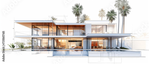 Modern new-built villa drawing. Illustration. Construction, real-estate concept
