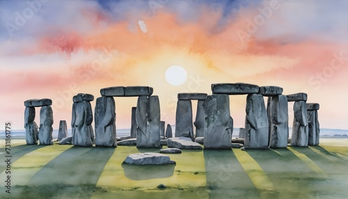 Watercolor Painting of Stonehenge - its ancient stones standing in stark contrast to the soft colors of a sunrise sky on the Salisbury Plain photo