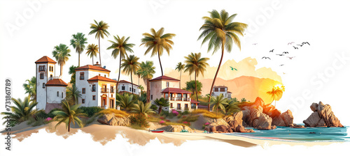 Houses on hillside with palm trees landscape. Travel and holidays concept © Alex Tihonov