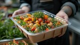 The vendor serving delicious meals in sustainable, eco-friendly packaging. Generative AI.