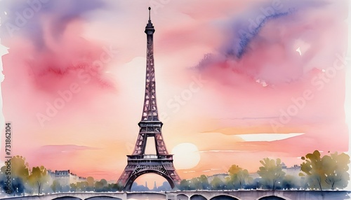 Watercolor Painting of the Majestic Eiffel Tower - Its Steel Frame Delicately Outlined Against a Soft Pink Sunset in Paris © Lucas