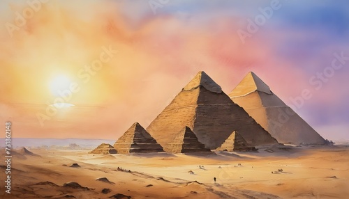 Watercolor Painting of the Pyramids of Giza - their golden sands glowing in the soft light of dawn against the backdrop of a pastel-colored sky